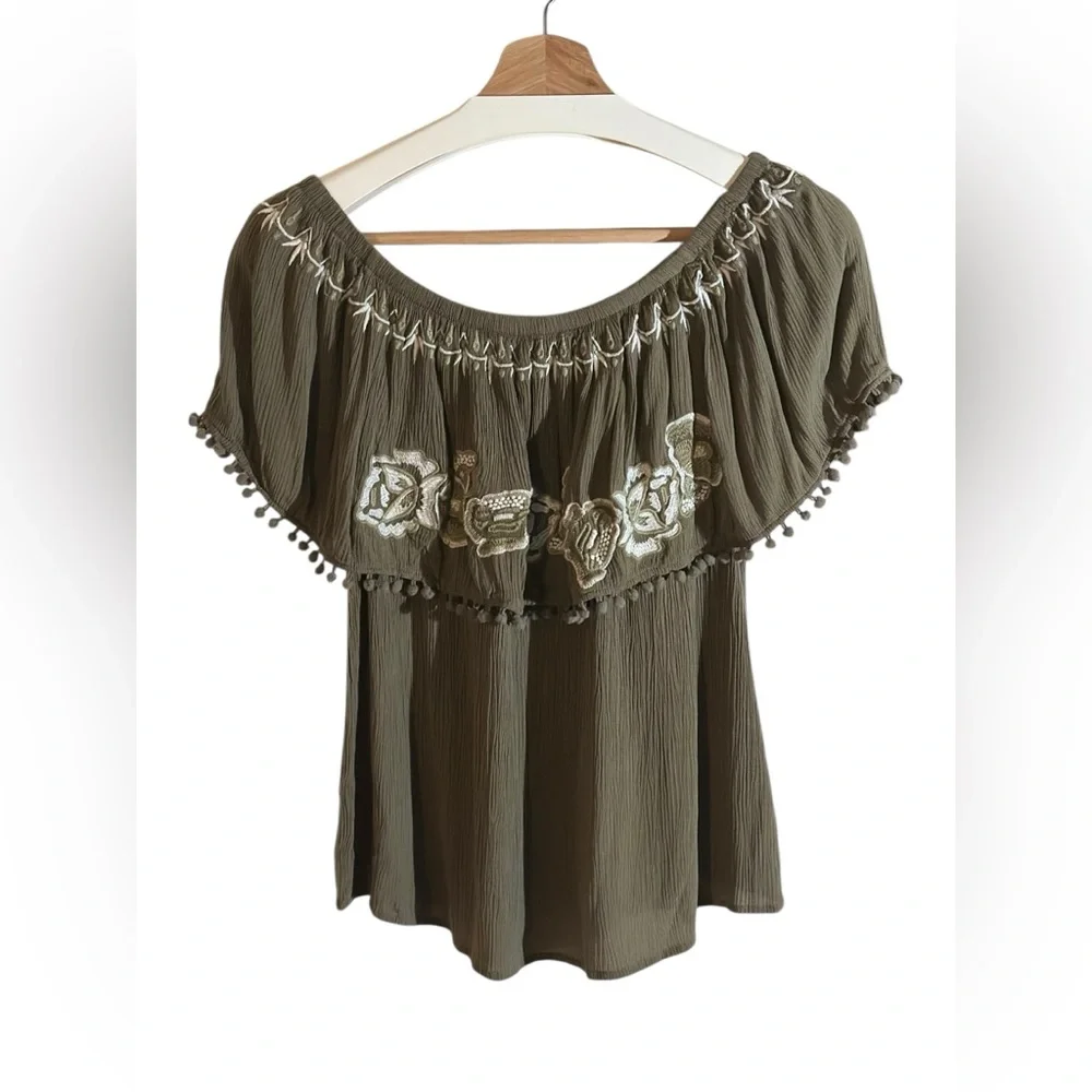 Blue Rain | Embroidered Olive Green Women's Shorts Sleeve Rayon Peplum Top - Picture 3 of 15